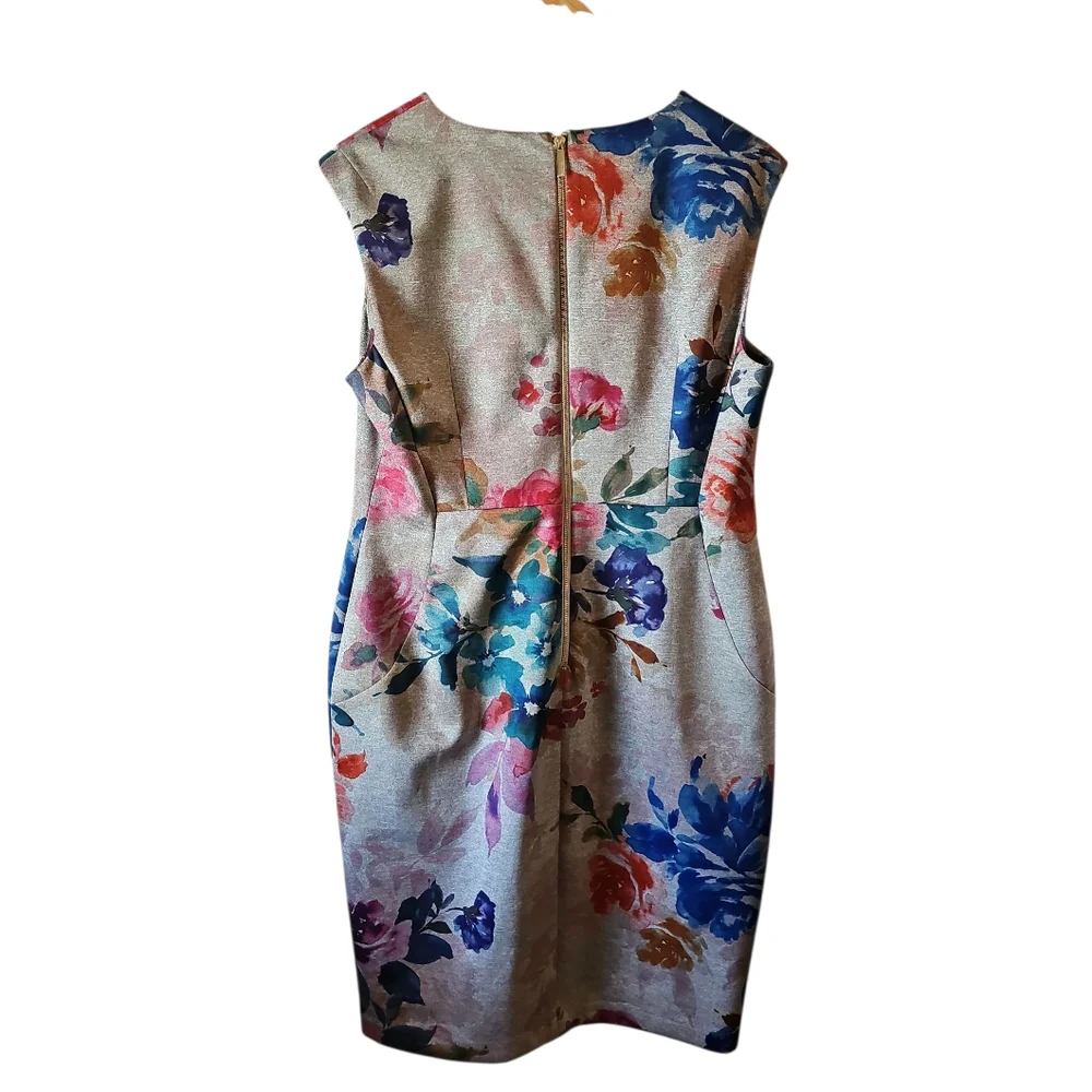 Calvin Klein Floral V-Neck Sleeveless Scuba Sheath Dress Sz 14 Gray - Picture 3 of 7